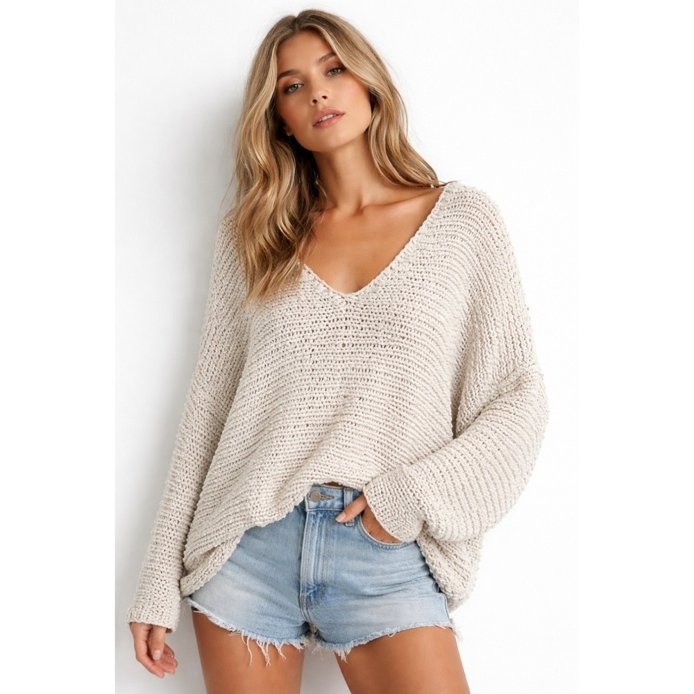 Free People Cream Ivory Open Knit Oversized XS Womens Sweater V Neck